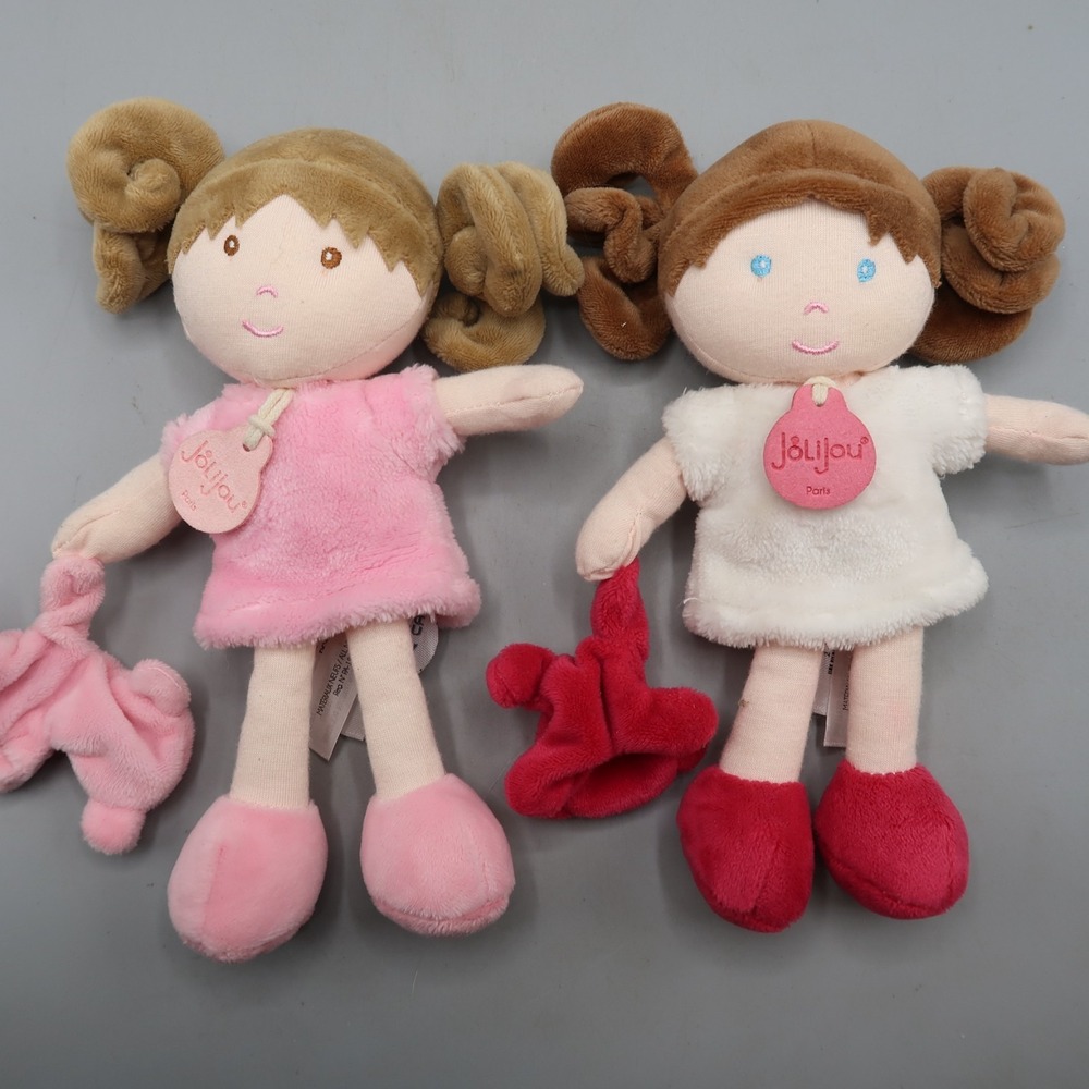 Jolijou Paris Demoiselle Twin Dolls Rose Blanche Teddy Bear France 7" Plush Pink